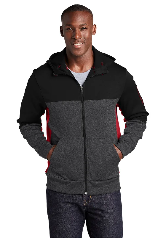 Sport-Tek Mens Moisture Wicking Full Zip Tech Fleece Hooded Jacket - Black/Heather Graphite Grey/True Red Refined Men's Hand