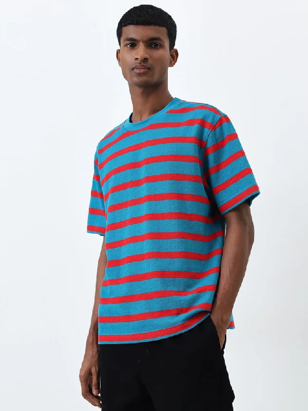 Nuon Blue Striped Relaxed-Fit Cotton T-Shirt Casual Men's Japanese 