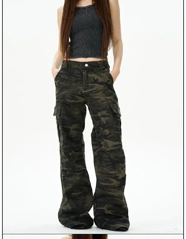 Dark Camouflage Flared Cargo Pants Polished Men's Silk