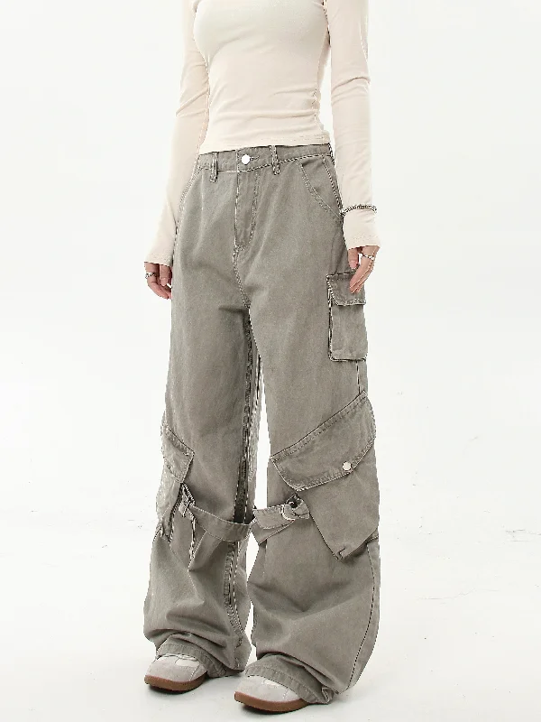 Washed Buckled Strap Cargo Pants British Gentleman Style