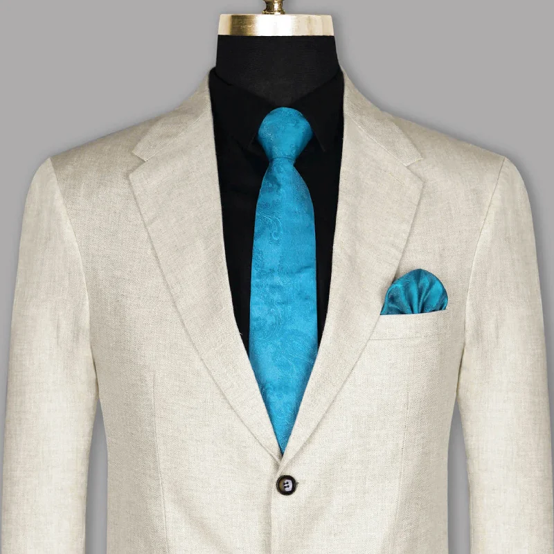 Beige Premium Herringbone Linen Blazer Refined Men's Classic 