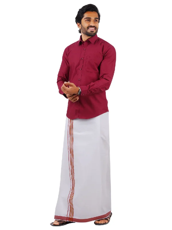 Men Fancy Border Dhoti & Shirt Set Full Sleeves Purple G116 Organic