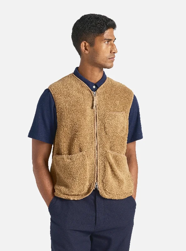 Universal Works Zip Gilet in Sand Mountain Fleece Laid