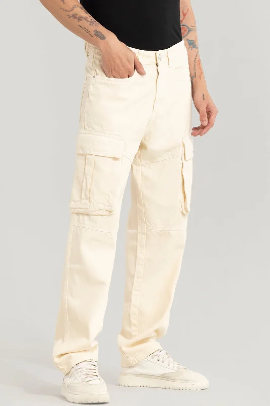 Adventure-Ready Cream Cargo Jeans Monochromatic Office Style