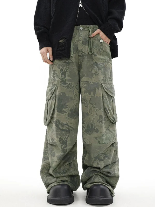 Leaf Camouflage Drawstring Cargo Pants Cool Men's Skate