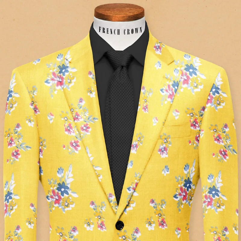 Sunshine yellow Flower Print Designer Blazer British Gentleman Style