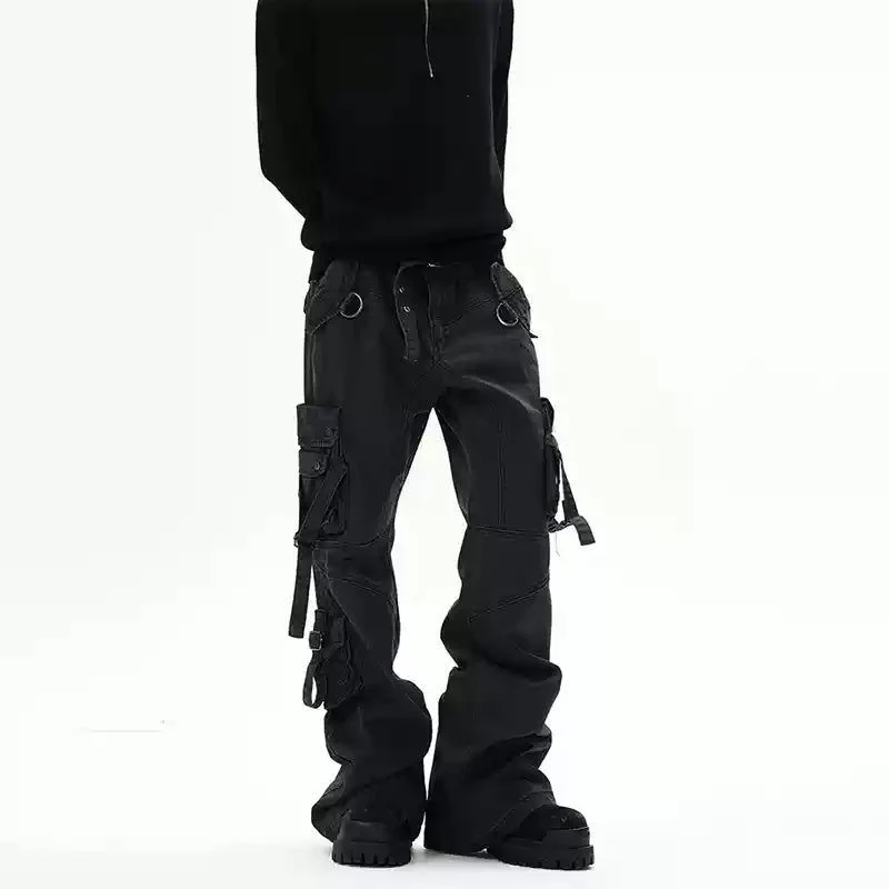 Buckled Strap Straight Cargo Pants Practical Men's Quick