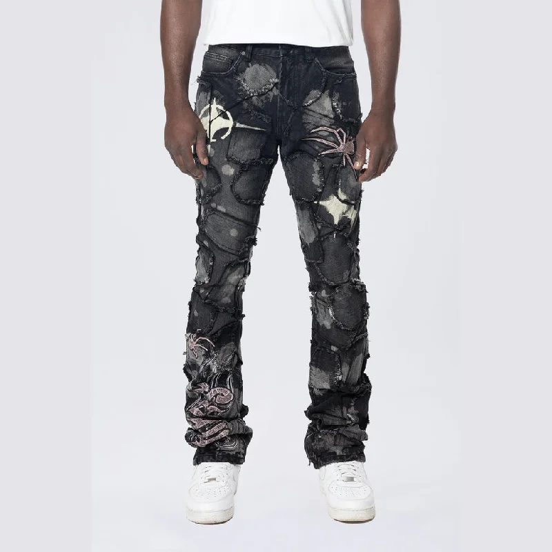 Baggy Stacked Flared Patchwork Denim Jeans - Nickel Black Luxurious Men's High