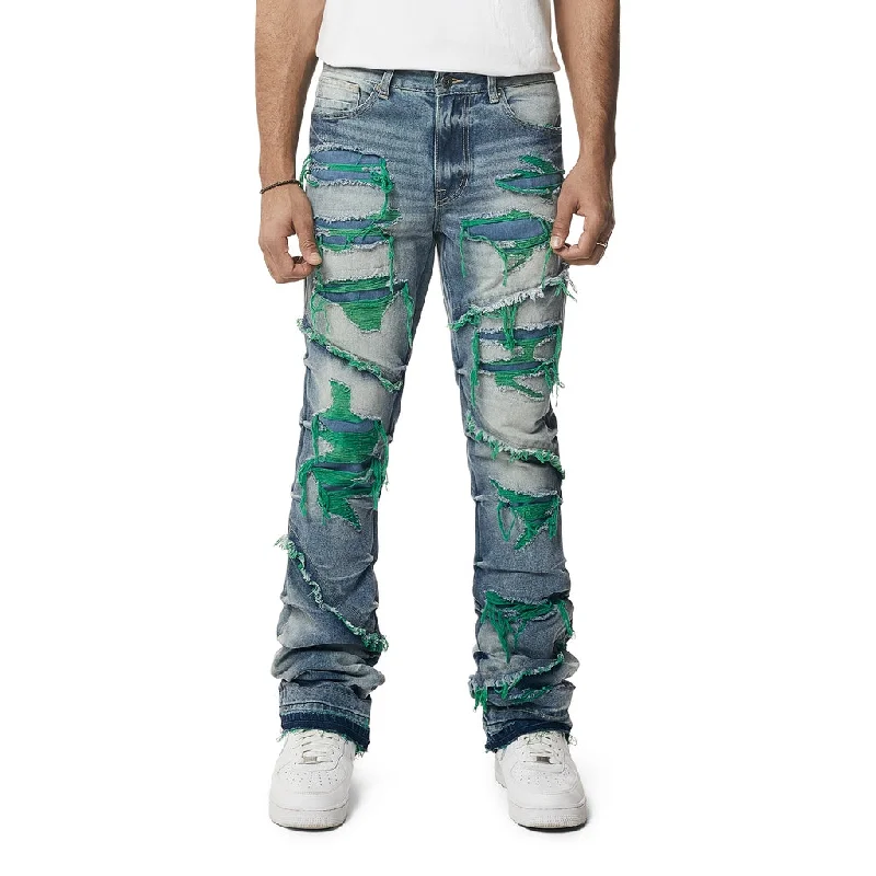 Color Thread Heavy R&R Lazy Stacked Flared Jeans - Green Monochromatic Office Style