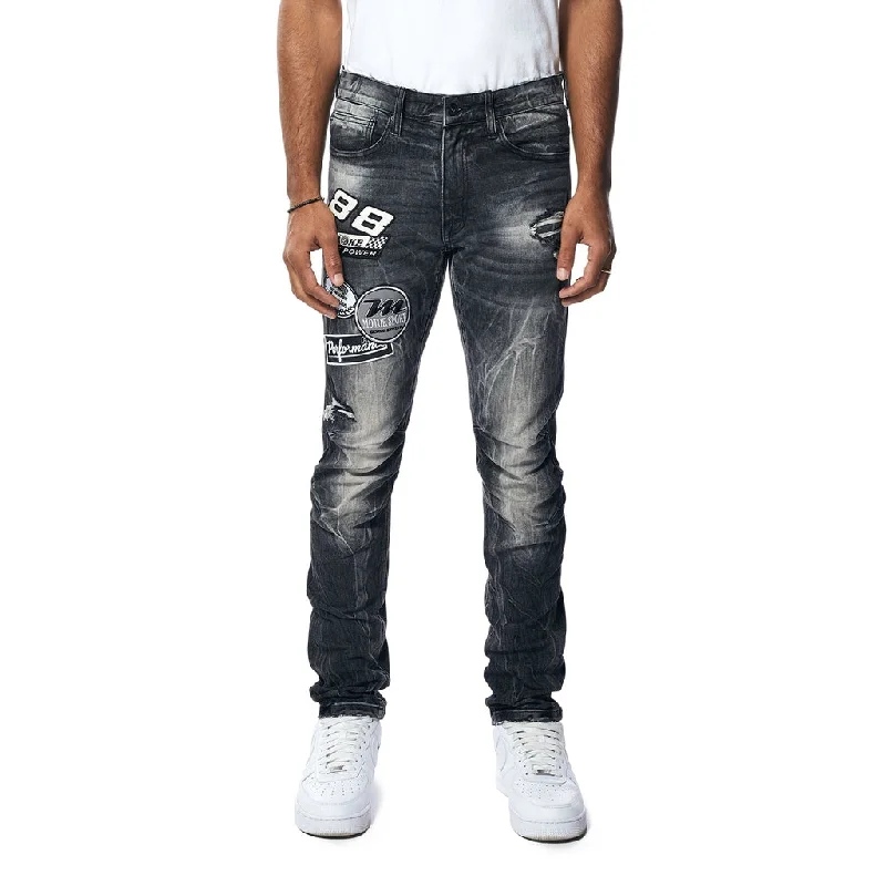 Embroidered Patched Racing Denim Jeans - Moon Black Trendy Men's Bucket