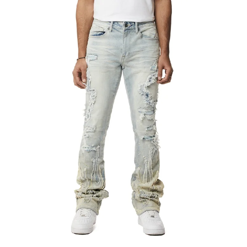 Flame Applique Heavy R&R Stacked Denim Jeans - Ombre Blue Laid