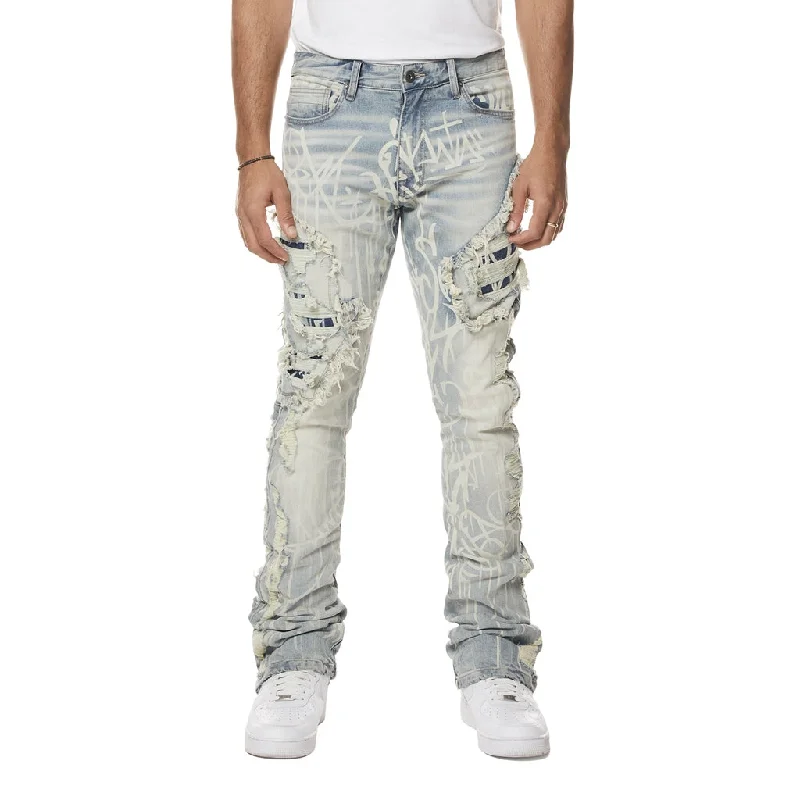 Heavy Rip & Repair Doodle Stacked Denim Jeans - Nassau Blue Sophisticated Men's French