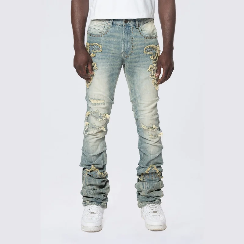 Lazy Stacked Western Studded Denim Jeans - Milky Blue Casual Men's Short