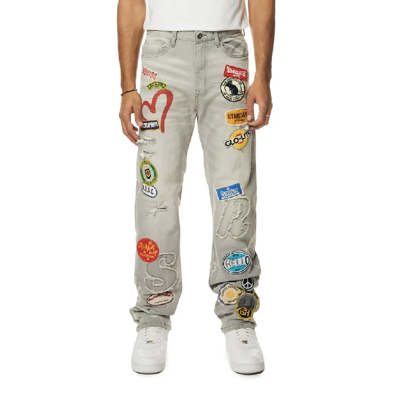 Multi Embroidered Patched Retro Denim Jeans - Cold Grey Preppy Men's College