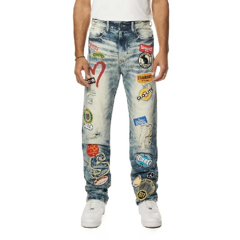 Multi Embroidered Patched Retro Denim Jeans - Metro Blue Elegant Men's Cashmere