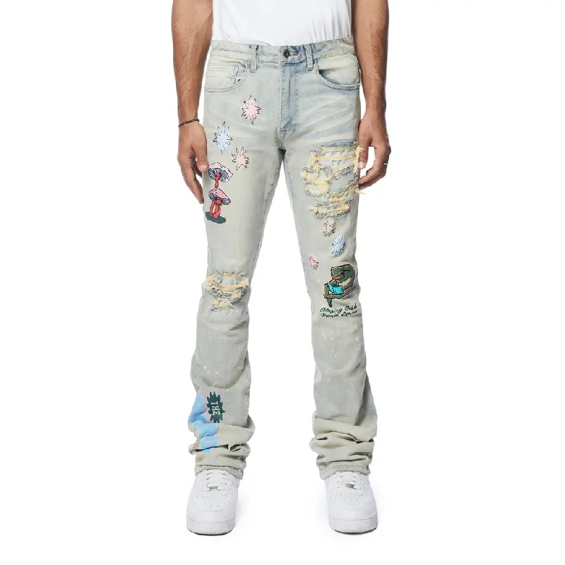 Puff High Density Printed Stacked Denim Jeans - Ombre Blue Unique Men's Patch