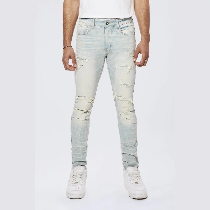 Rip & Repaired Color Slim Tapered Denim Jeans - Speckle Blue Modern Men's Geometric