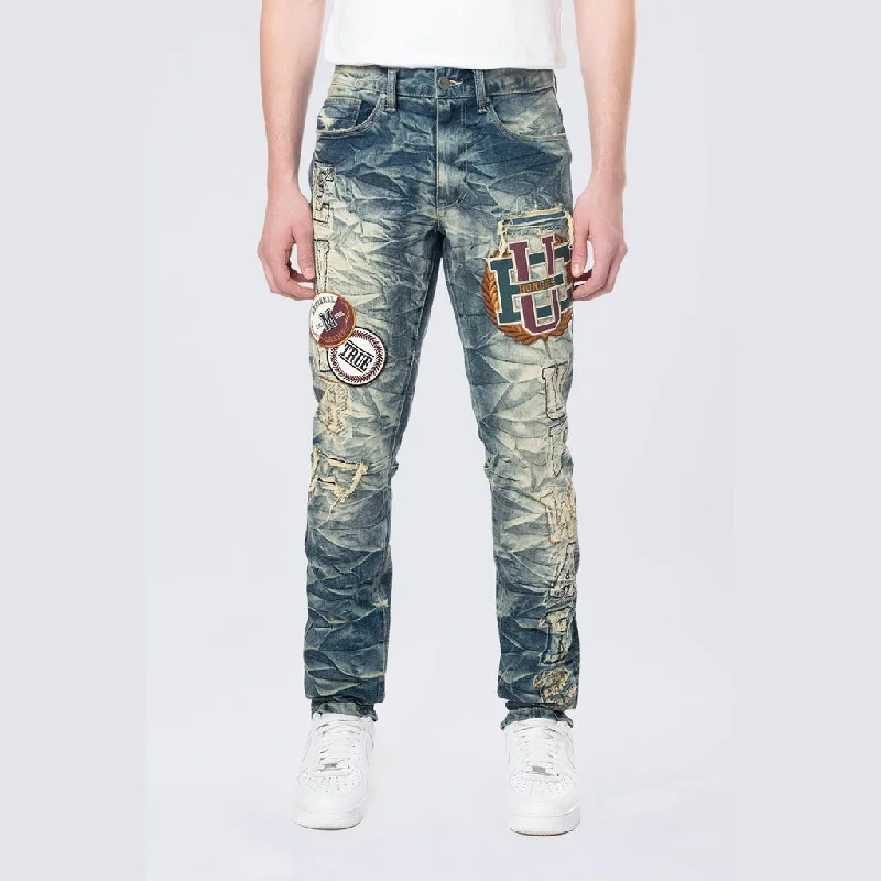 Slim Varsity Patch Jeans - Alley Blue Monochromatic Office Style