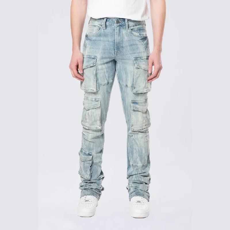 Stacked Flared Multi Pocket Cargo Jeans - Syosett Blue Relaxed Men's Australian 