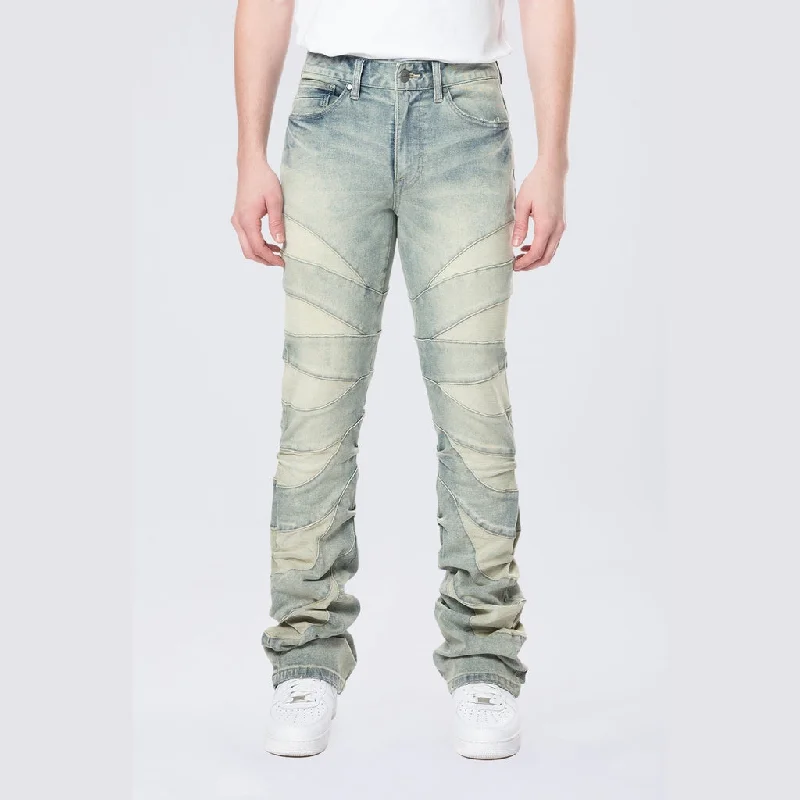 Stacked Flared Pinched Half-Moon Insert Pieced Jeans - Industrial Blue Refined Men's Hand