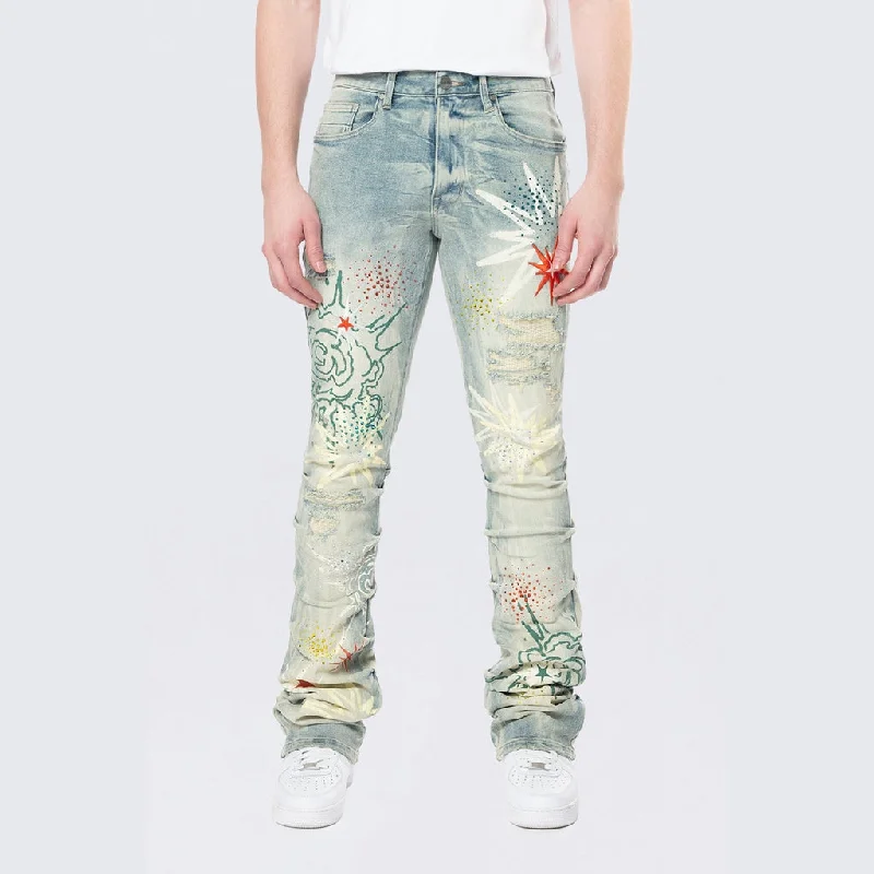 Stacked Flared Pinched Rhinestone Jean - Seville Blue Sleek Men's Metallic