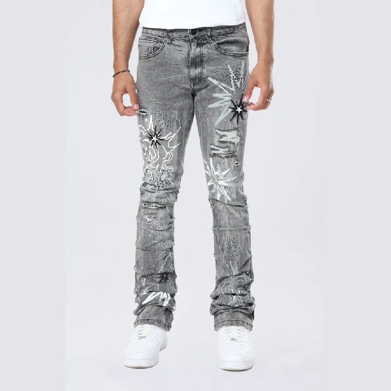 Stacked Flared Pinched Rhinestone Jean - Shibuya Black Refined Men's Velvet