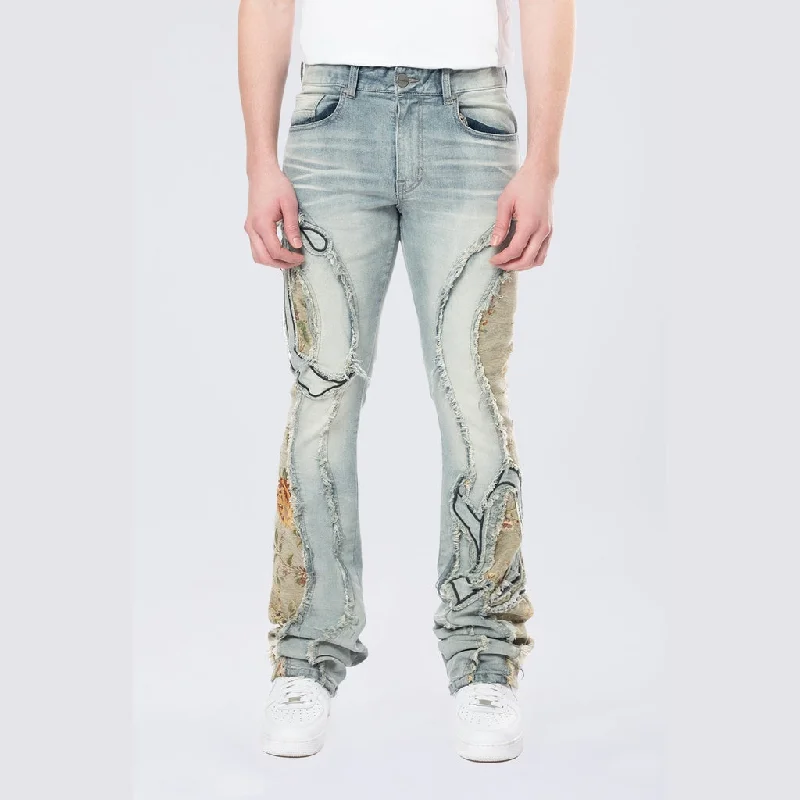 Stacked Pinched Flared Tapestry Paneled Jeans - Vanilla Blue Hip Men's Retro