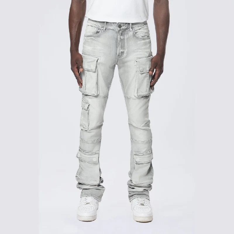 Stacked Utility Multi Pocket Cargo Jeans - Breezy Grey Youthful Men's Pop