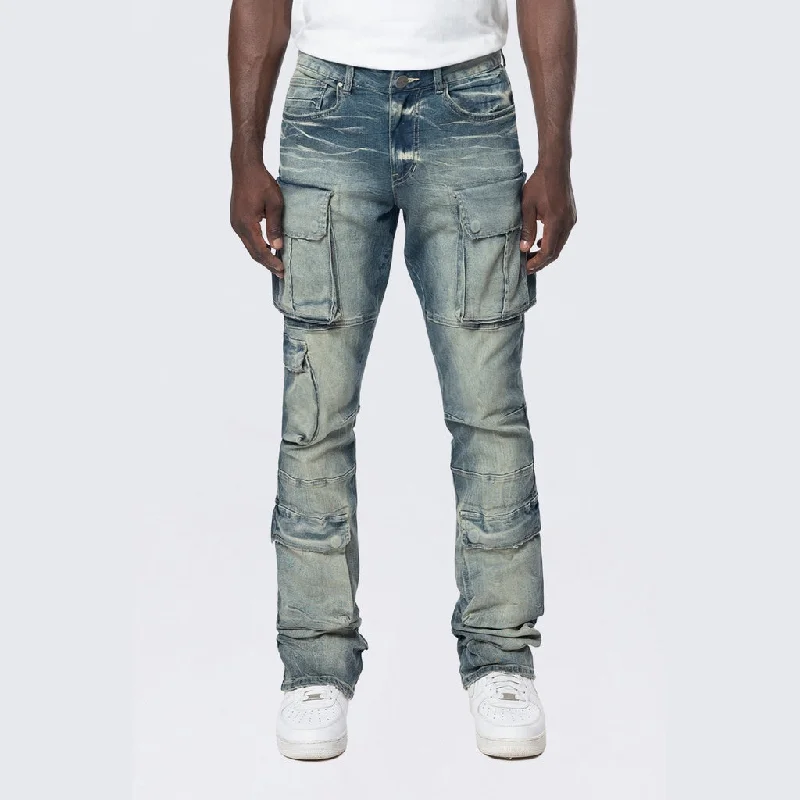 Stacked Utility Multi Pocket Cargo Jeans - Village Blue Relaxed Men's Australian 