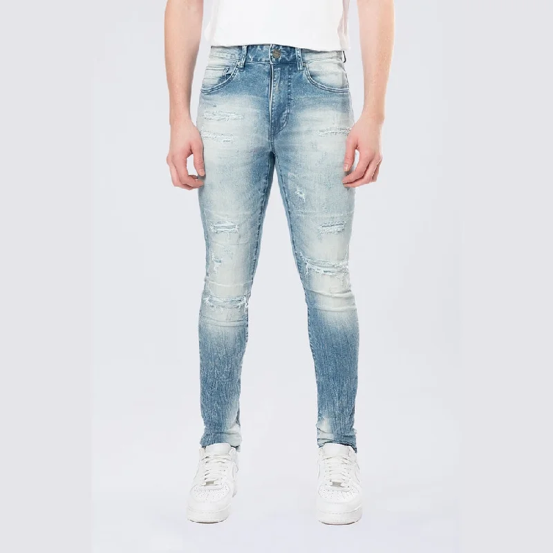 Super Skinny Distressed Rip & Repair Jean - Lowell Blue Streetwear Style